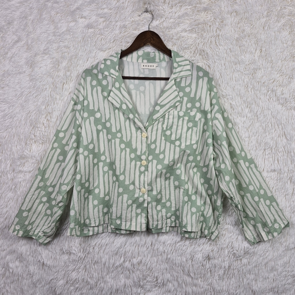 Rhode Womens Abstract Print Blouse Green Size Small Boxy‎ Oversized Camp V-Neck